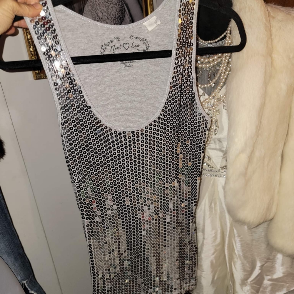 Sequin tank top shirt silver bling y2k medium Sexy Vintage Grey Cami